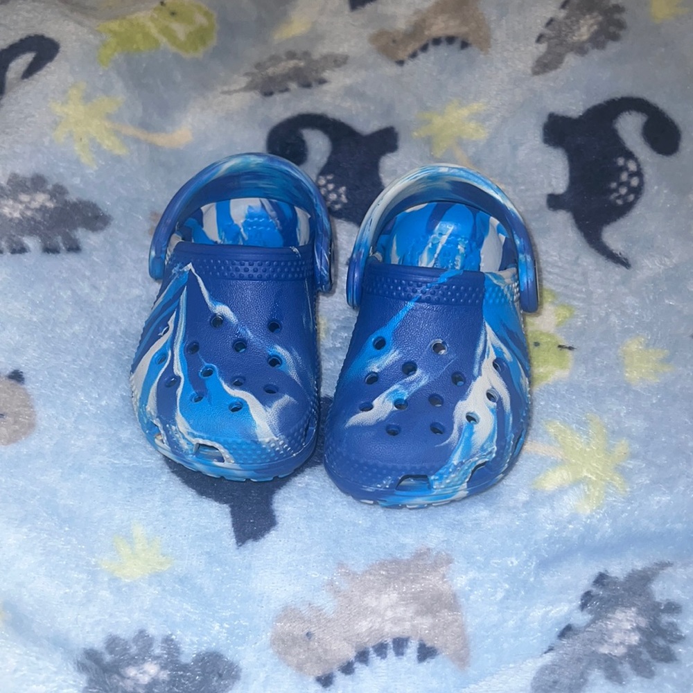 Blue and white Marble Crocs